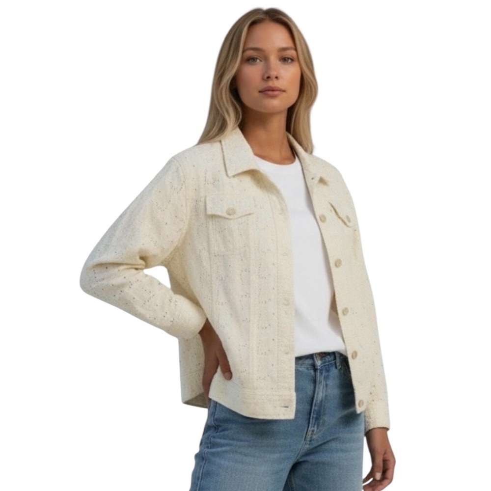 New Identity Women’s Jacket Size L Pale Yellow Eyelet Button Front 100% Cotton